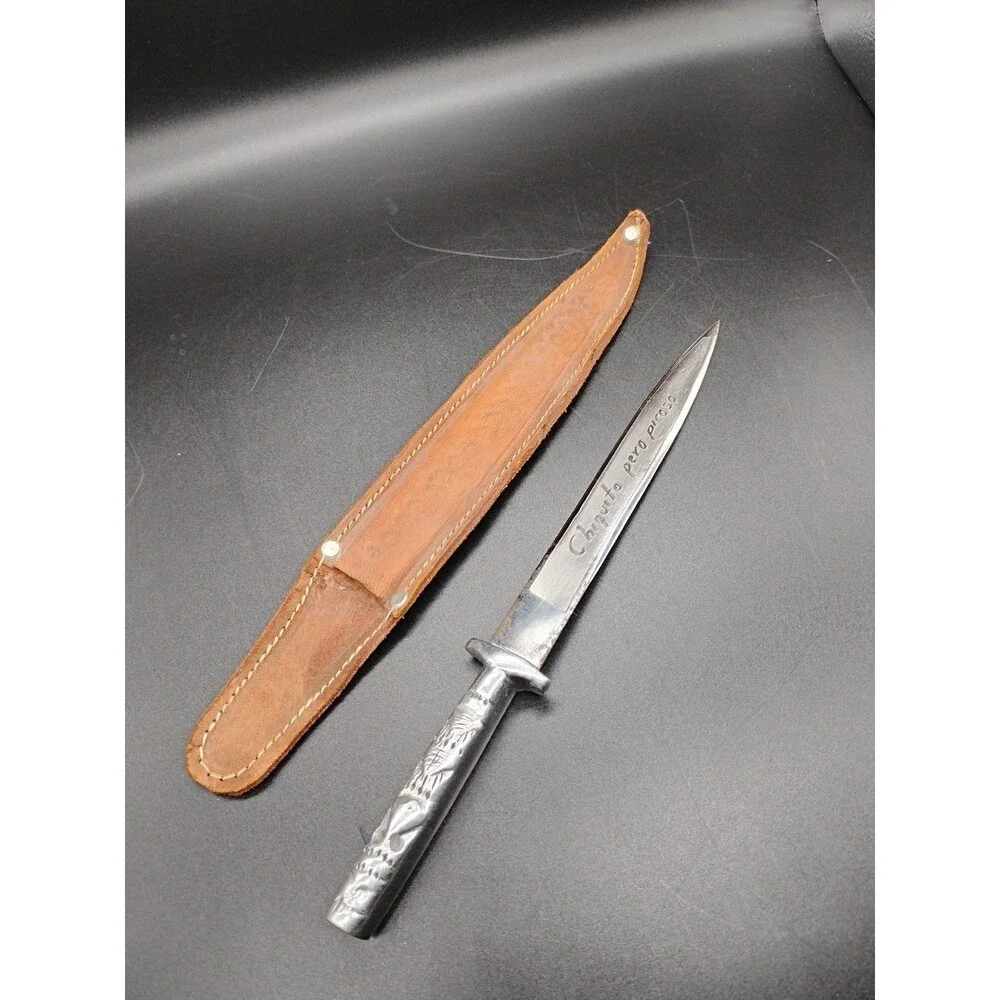 Vintage 9” Mexican Souvenir Dagger Aluminum Tribal Handle Engraved Blade Sheath
